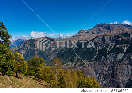 Landscape view of the mountains around Le Bourg d'Oisans in France Landscape view of the mountains around Le Bourg d'Oisans in France 82186783