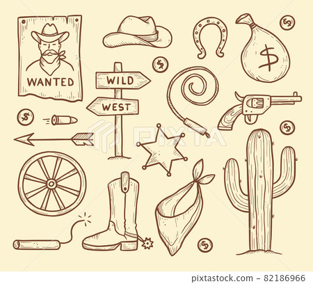 Cowboy western doodle set. Hand drawn Cowboy western doodle set. Hand drawn 82186966