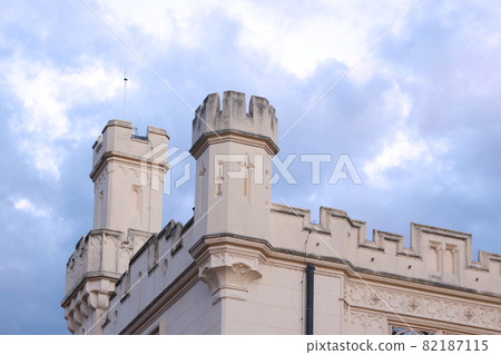 The towers of Lednice castle with sky and clouds The towers of Lednice castle with sky and clouds 82187115