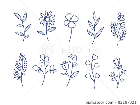 材料的花和葉的簡單線條藝術插圖 82187321