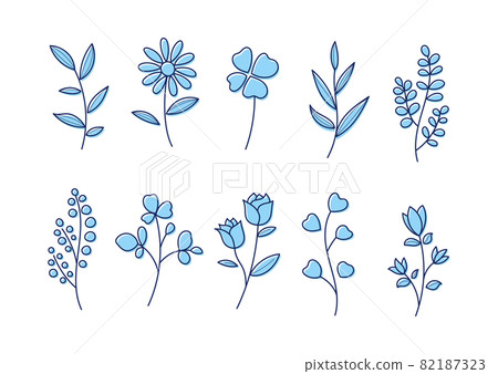 材料淺藍色花葉的簡單線條藝術插圖 82187323