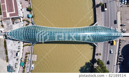 Aerial drone view of a modern bridge in Tbilisi, Georgia 82189514