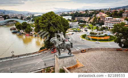 Aerial drone view of Vakhtang Gorgasali Statue in Tbilisi, Georgia 82189533