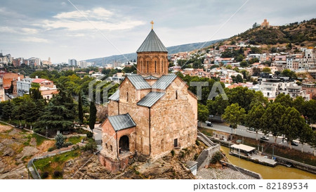 Aerial drone view of Metekhi Church in Tbilisi, Georgia 82189534