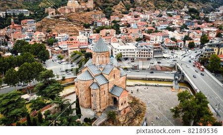 Aerial drone view of Metekhi Church in Tbilisi, Georgia 82189536