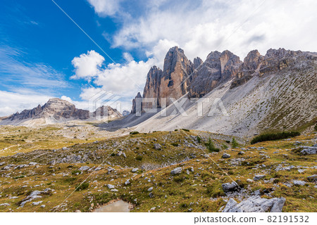Tre Cime di Lavaredo or Drei Zinnen and Monte Paterno or Paternkofel - Dolomites Italian Alps Tre Cime di Lavaredo or Drei Zinnen and Monte Paterno or Paternkofel - Dolomites Italian Alps 82191532