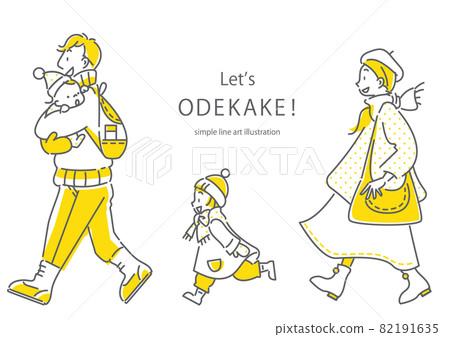 Simple and stylish line drawing illustration of a family of four who enjoy going out on holidays 82191635