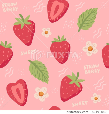 Strawberry pattern. Cute colorful strawberries with flowers and leaves in doodle style, vector illustration 82191882