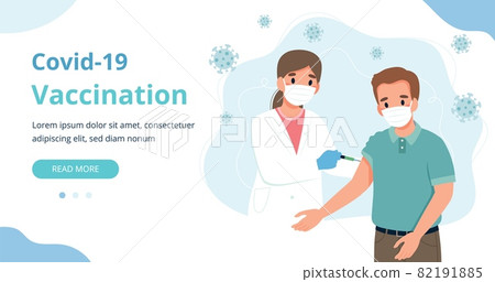 Coronavirus vaccination, man and a doctor with a syringe. Banner vector illustration in flat cartoon style 82191885