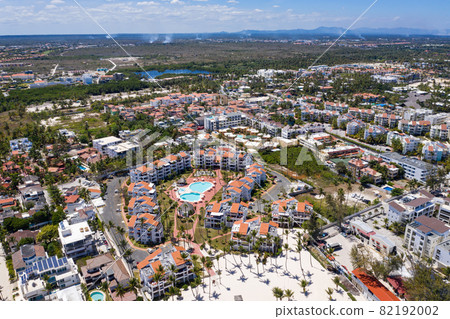 Caribbean city. Aerial view from drone. Travel destinations. Summer vacations. Bavaro. Dominican Republic 82192002