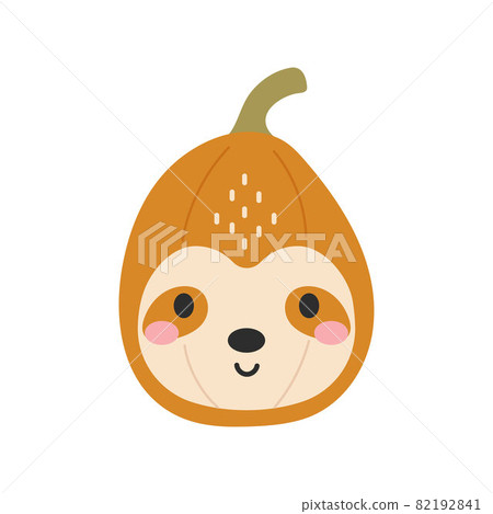 Happy Halloween cute cartoon pumpkin with sloth face. Halloween party decor for children. Childish print for cards, stickers, invitation, nursery decoration. Vector illustration. 82192841