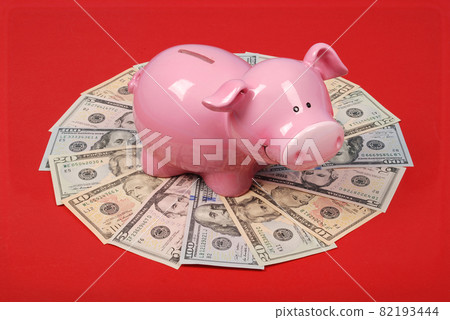Pink piggy bank on money Pink piggy bank on money 82193444