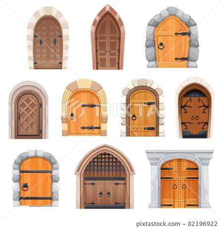 Metal and wooden medieval doors and gates. Castle entries cartoon vector design with stone arched doorjambs, forged decoration and ring knobs. Fairytale palace, fortress building exterior elements set 82196922