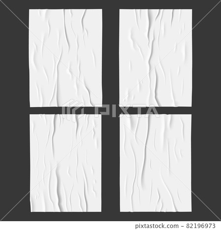 White glued wet paper posters. Wrinkled and crumpled fabric or paper sheet 3d vector texture with creases, wrinkles and wallpaper glue. Blank grunge backgrounds, placards templates with rough surface White glued wet paper posters. Wrinkled and crumpled fabric or paper sheet 3d vector texture with creases, wrinkles and wallpaper glue. Blank grunge backgrounds, placards templates with rough surface 82196973