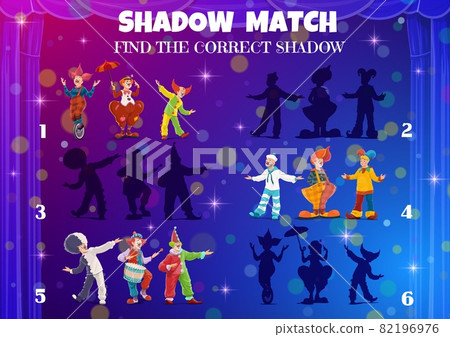 Kids shadow match game. Circus clowns, find a correct silhouette tabletop vector riddle. Find and match same shadow of funfair carnival circus clown with umbrella and bicycle, board maze 82196976