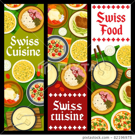 Swiss food restaurant dishes banners. Sausages with sauerkraut, Raclette with potatoes and cucumbers, Minestrone soup, cheese fondue and schnitzel, risotto, Fritter Rosti and chard ravioli vector Swiss food restaurant dishes banners. Sausages with sauerkraut, Raclette with potatoes and cucumbers, Minestrone soup, cheese fondue and schnitzel, risotto, Fritter Rosti and chard ravioli vector 82196978