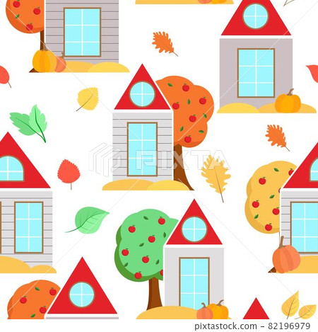 Houses with autumn trees, leaves and pumpkins. Houses with autumn trees, leaves and pumpkins. 82196979