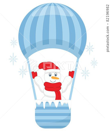 Snowman flies in a hot air balloon vector flat illustration. Snowman flies in a hot air balloon vector flat illustration. 82196982