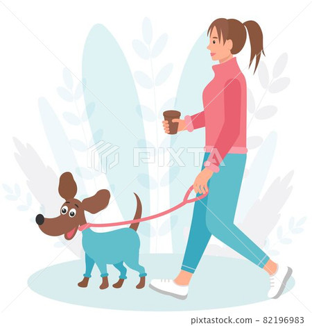 Dog on a walk with a girl vector flat illustration. Dog on a walk with a girl vector flat illustration. 82196983
