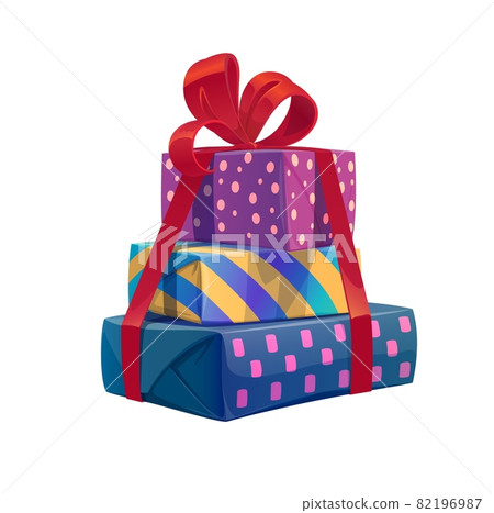 Cartoon holiday gifts stack, vector heap or pile of present boxes with red ribbon and bow. Isolated festive wrapped giftbox, package and pack of Christmas, Xmas, birthday and New Year celebration Cartoon holiday gifts stack, vector heap or pile of present boxes with red ribbon and bow. Isolated festive wrapped giftbox, package and pack of Christmas, Xmas, birthday and New Year celebration 82196987
