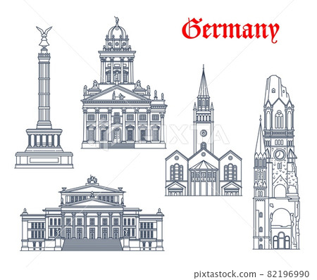 Germany architecture and landmark buildings of Berlin, vector icons. German church of Saint Matthew or St Matthaus Kirche, Victory Triumph Column, French cahtedral Franzosischer Dom of Friedrichstadt Germany architecture and landmark buildings of Berlin, vector icons. German church of Saint Matthew or St Matthaus Kirche, Victory Triumph Column, French cahtedral Franzosischer Dom of Friedrichstadt 82196990
