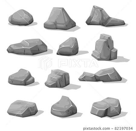 Cartoon rock stones and boulders. Grey rubble, gravel or cobble. Mountain stones, concrete vector pieces or granite debris, construction gravel or geology mineral, game environment design elements Cartoon rock stones and boulders. Grey rubble, gravel or cobble. Mountain stones, concrete vector pieces or granite debris, construction gravel or geology mineral, game environment design elements 82197034