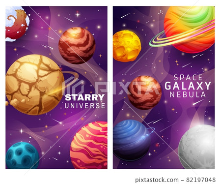 Starry universe and space galaxy nebula landscape cartoon posters with planets and stars vector design. Alien cosmic world with falling comets and shining stars, space exploration fantastic background 82197048