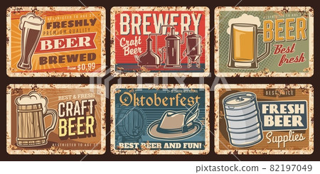 Craft beer and brewery vintage plates, vector retro tin signs. Oktoberfest craft beer fest celebration. German hat, tankard and barrel. Alcohol drinks beerhouse tavern or pub vintage rusty cards set 82197049