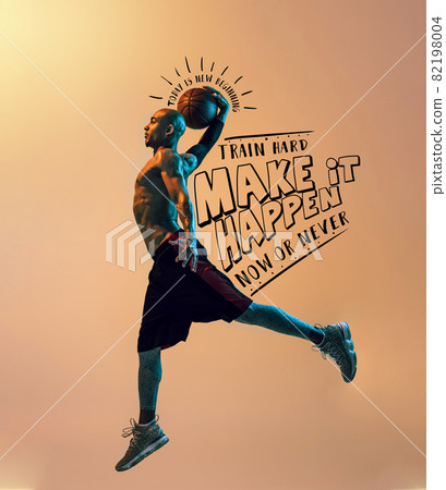 Artwork. Sportive african-american man, male basketball player in motion and action in neon light background with lettering, graphics 82198004