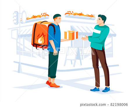Delivery service concept. Courier carries boxes for a young man on the street. Flat cartoon colorful illustration. Old street city with cafe and shops. Isolated on white background 82198006