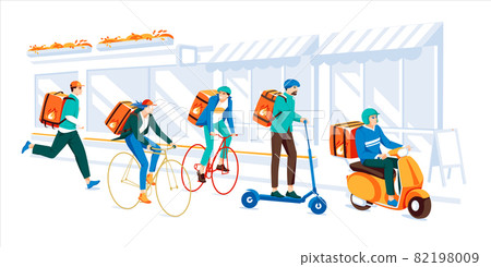 Delivery service by the different types of transport in the city. Concept. Young people doing job fast. Old city street with cafe and shops. Flat colorful cartoon illustration. Delivery service by the different types of transport in the city. Concept. Young people doing job fast. Old city street with cafe and shops. Flat colorful cartoon illustration. 82198009