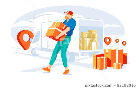 A truck delivery man unloads boxes from a truck. Boxes on the floor, boxes in the cab of the truck. City street with pointers to delivery points. Concept flat vector cartoon illustration. A truck delivery man unloads boxes from a truck. Boxes on the floor, boxes in the cab of the truck. City street with pointers to delivery points. Concept flat vector cartoon illustration. 82198010
