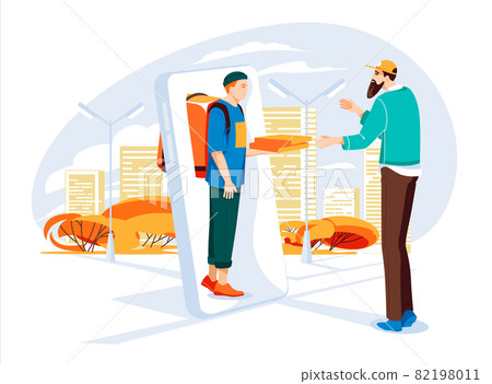 Pizza delivery service concept. Delivery guy from big smartphone give pizza to order man. City street. Flat colorful cartoon illustration. Isolated on white background Pizza delivery service concept. Delivery guy from big smartphone give pizza to order man. City street. Flat colorful cartoon illustration. Isolated on white background 82198011
