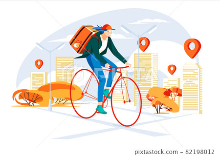 Cyclist delivery service concept in the city. Girl courier. Young people doing job fast. City map with points. Flat colorful cartoon illustration. Isolated on white background Cyclist delivery service concept in the city. Girl courier. Young people doing job fast. City map with points. Flat colorful cartoon illustration. Isolated on white background 82198012