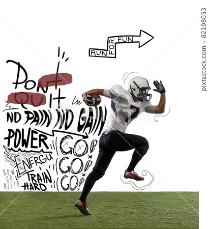 Artwork. Sportive african-american man, american football player in motion and action with ball isolated on white background with lettering, graphics 82198053