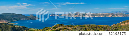 Aegean sea near Milos island with speeding speed boat catamaran ferry vessel in Greece 82198175