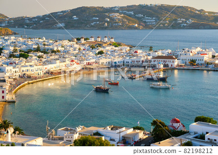 Mykonos island port with boats, Cyclades islands, Greece Mykonos island port with boats, Cyclades islands, Greece 82198212