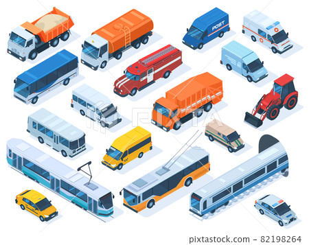 Isometric public services transport, taxi, ambulance and police car. Urban vehicles, fire engine, public bus, construction truck vector illustration set. City transport icons 82198264