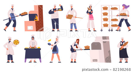 Professional bakers characters cooking, baking bread and pastry. Bakers characters making pastry and tasty bread vector Illustration set. Bakers male and female characters Professional bakers characters cooking, baking bread and pastry. Bakers characters making pastry and tasty bread vector Illustration set. Bakers male and female characters 82198268