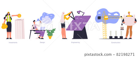 Construction, building, real estate project planning development. Real estate management, engineering, investments vector illustration set. Architectural project stages 82198271