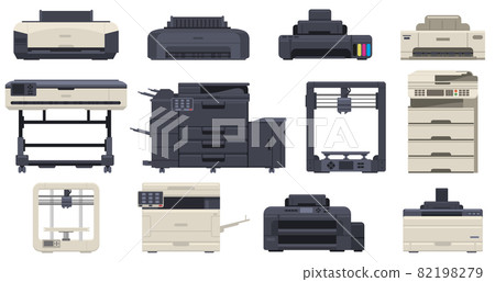 Printer office work professional scanner copier machines. Office technology printing devices, 3d printer, copier vector illustration set. Multifunction office machines Printer office work professional scanner copier machines. Office technology printing devices, 3d printer, copier vector illustration set. Multifunction office machines 82198279