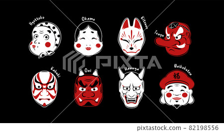 插圖素材日本傳統面具套裝 插圖素材日本傳統面具套裝 82198556