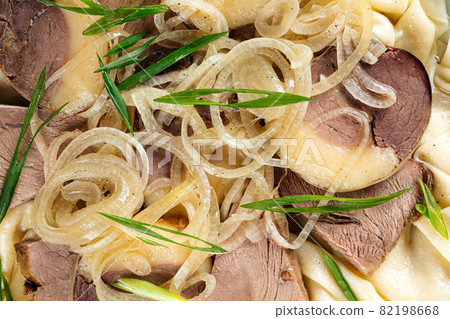 Macro closeup on kazakh beshbarmak with horse meat 82198668