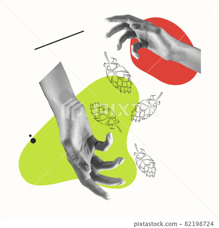 Creative composition, collage of human hands and beer hops siolated over pastel background with red and green blots Creative composition, collage of human hands and beer hops siolated over pastel background with red and green blots 82198724