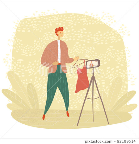 Male blogger records a video. Fashion blogger shoots vlog for followers. Influencer makes content for his internet channel. Beauty and lifestyle internet blog Male blogger records a video. Fashion blogger shoots vlog for followers. Influencer makes content for his internet channel. Beauty and lifestyle internet blog 82199514