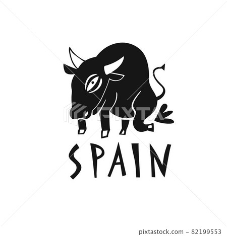 Vector hand drawn symbol of Spain. Travel illustration of Spain bull. Hand drawn lettering illustration. Spanish landmark logo 82199553