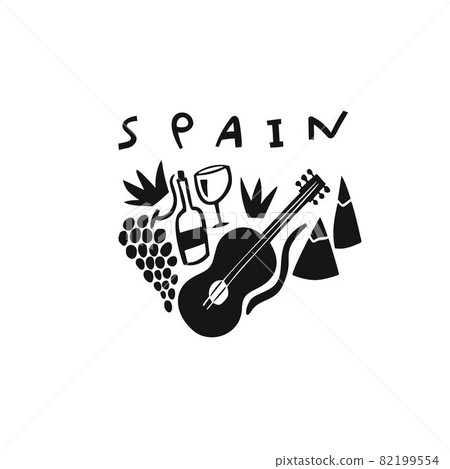 Vector hand drawn symbol of Spain. Travel illustration of Spain Signs. Hand drawn lettering illustration. Spanish landmark logo 82199554