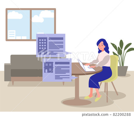 Illustration of a young woman collecting property information online 82200288