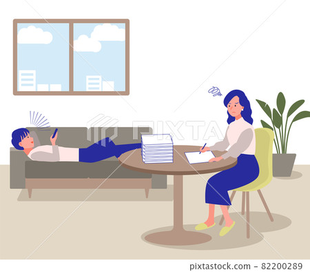 A young woman filling out a document that gets angry with her husband who does not help 82200289