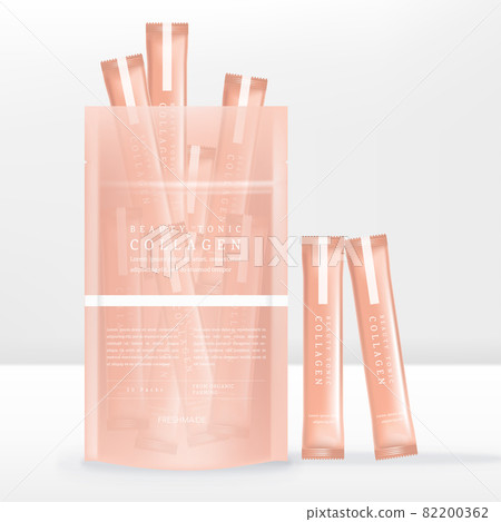 Vector Collagen Peptide or Beverage Powder Packets in Zip Lock Semi Transparent Pouch, Sachet or Packet Packaging. Vector Collagen Peptide or Beverage Powder Packets in Zip Lock Semi Transparent Pouch, Sachet or Packet Packaging. 82200362